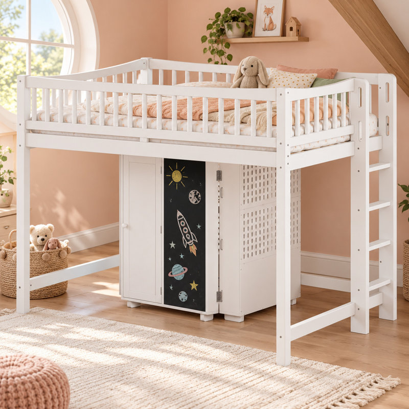 Lit mezzanine double en bois avec armoire de rangement