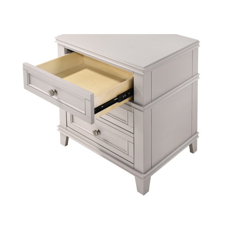 Table de chevet 3 tiroirs avec fusion - bois massif gris et 3 inclusions