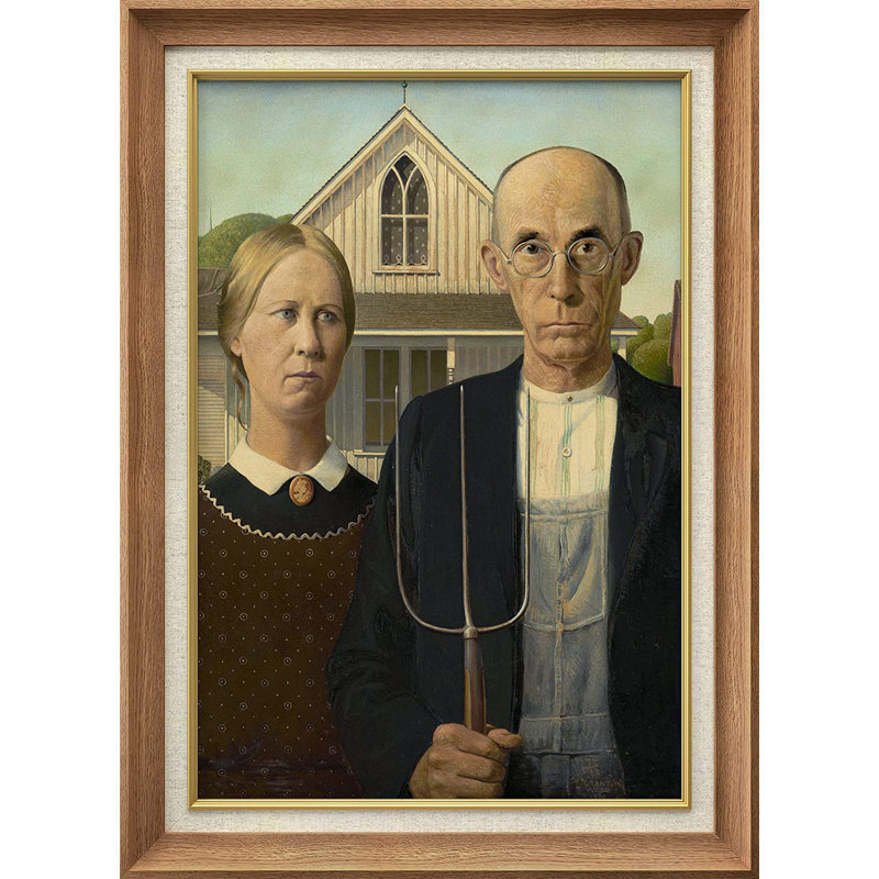 «American Gothic» par Grant Wood - peinture sur toile encadrée, Naturel
