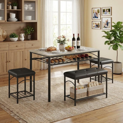 4-Person Dining Table Set with Upholstered Bench and 2 Stools, Compact Kitchen and Dining Chairs Set for Apartment, Studio, or Small Space