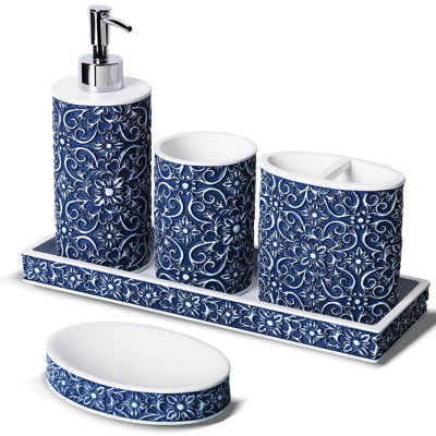 Ensemble d'accessoires de salle de bain, élégant motif floral fait à la main, ensemble d'accessoires de salle de bain 5 pièces, distributeur de savon, porte-brosse à dents, support Cotton Swab, ensemble complet d'évier de salle de bain, noir