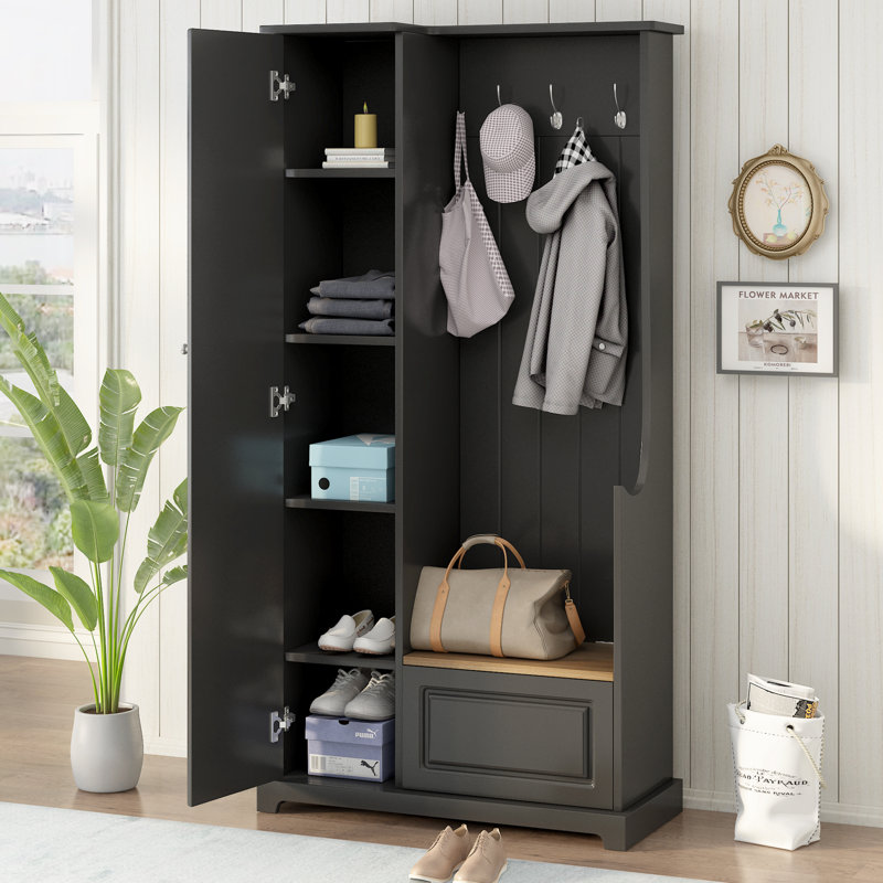 Raimer  Hall Tree with Flip-Up Bench, Minimalist Hallway Shoe Cabinet with Adjustable Shelves, Multifunctional Furniture with Hanging Hooks