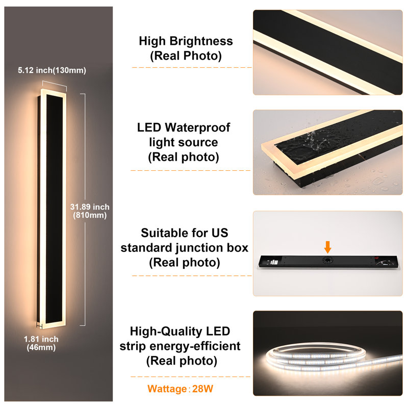 Modern Outdoor Wall Lights, 2 Pack Long Wall Sconce, Lighting Fixtures Long Wall Light Waterproof Ip65 Black Exterior Sconce Led Linear Light For Garage, Patio.