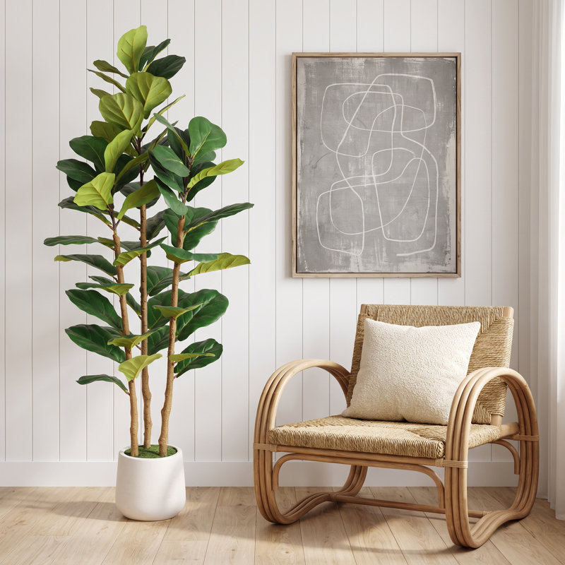 Figuier lyre artificiel à plusieurs troncs, plante artificielle en pot rond blanc pour la décoration de la maison ou du bureau