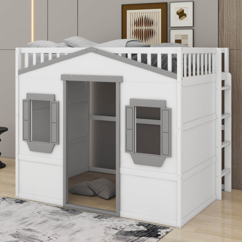 Lit mezzanine double avec échelle, Blanc / Gris