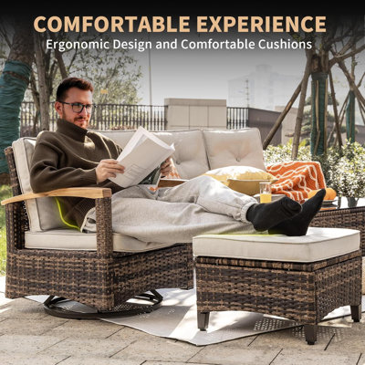  6 Pieces Patio Furniture Sets,Wicker Patio Conversation Sets With 2 Wood Armrests Swivel Glide Chairs, 2 Ottomans For Deck Yard And Poolside (Beige)