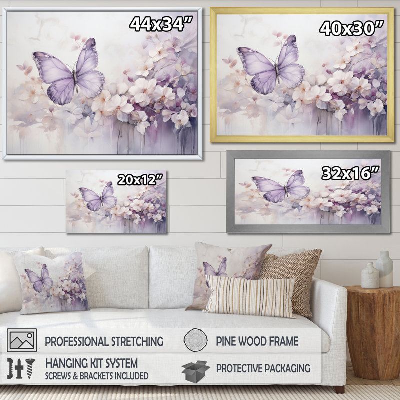 Papillon mauve en vol enchanté II - Art mural papillon, H 24 po x l 32 po x P 1 po, Toile tendue