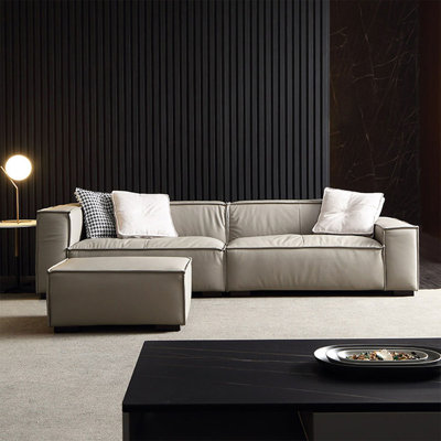 Gray Genuine Leather Modular Sofa cushion couch with Ottoman