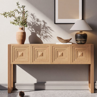 Geometric Carved Console Table – 3 Soft-Close Drawers, Fluted Leg Details, Square-Pyramid Pattern, Entryway Sofa Table for Living Room or Hallway