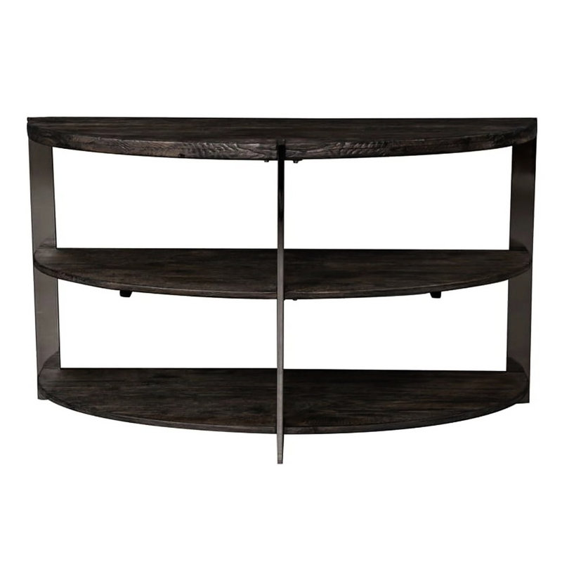 Console ovale, fini anthracite, 2 étagères, structure robuste en bois et métal, design demi-lune, gris. Parfait pour le salon, la chambre ou l'entrée.