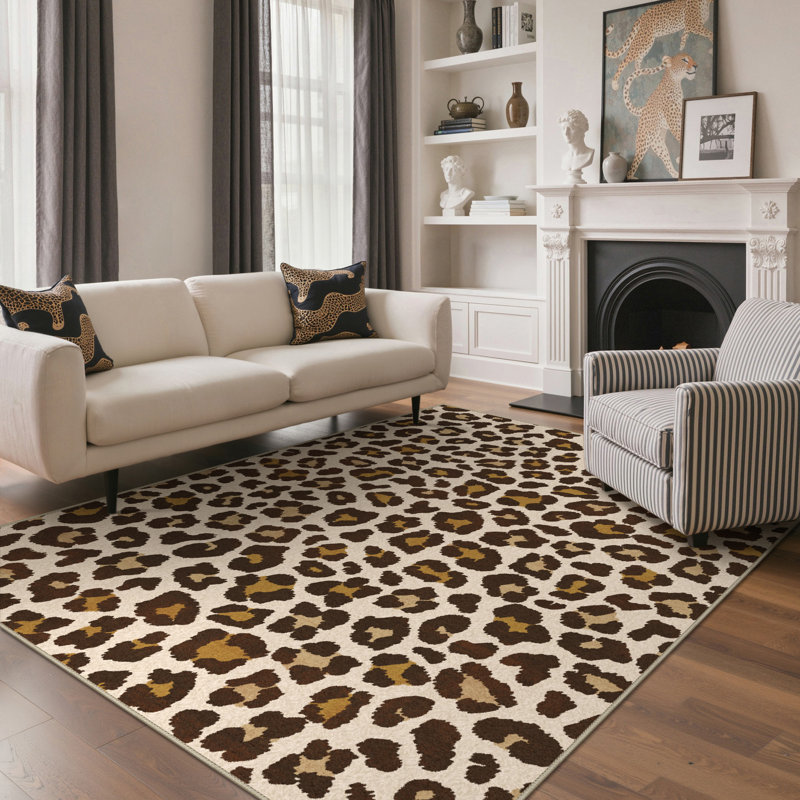 Tapis brun / brun clair à imprimé animal Leopard, Rectangulaire 8 pi x 10 pi