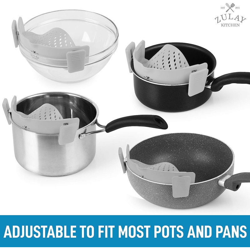Zulay Kitchen Adjustable Silicone Pot Strainer for Most Pots & Pans, Gray
