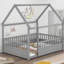 Grey Pine Wood Floor Bed With Attractive House Roof And Safe Fence Guardrail Solid Full Size In Feature