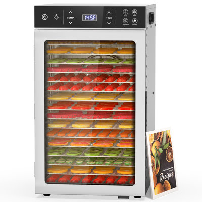16-Tray Stainless Steel Food Dehydrator, 800W Dual Fan, Digital Timer & Temperature Control, Large Capacity Dehydrator With Glass Door For Jerky, Fruit, Herbs & Pet Treats