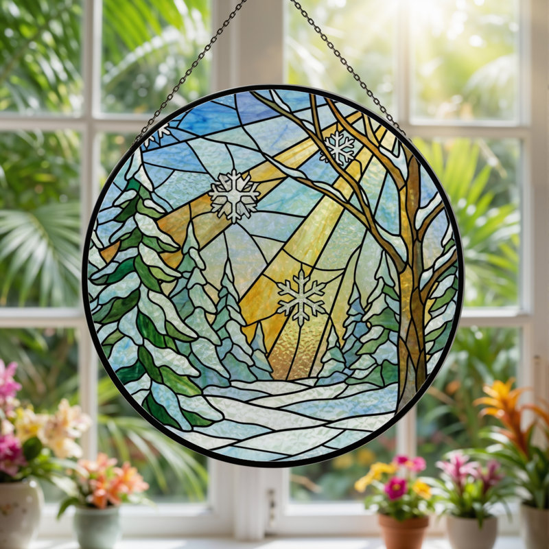 7.8"H Winter Landscape Stained Glass Window Panel, 7.8" H x 7.8" W