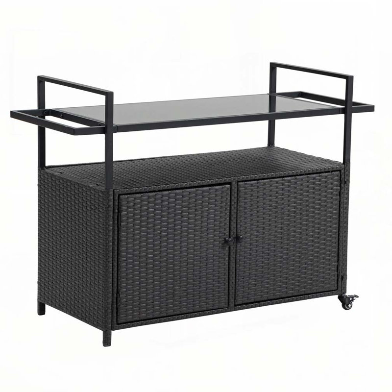 Outdoor Bar Cart, Patio Wine Serving Cart w/Wheels, Black