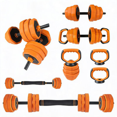 4-in-1 Adjustable Dumbbell Set (5-64 lbs) – Home Gym Weight System with Barbell, Kettlebell, Safety Lock Nuts & Push-Up Stands