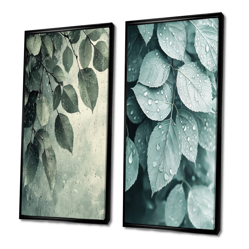 Rainy Day Leaves Collage I - Art mural floral 2 panneaux, 28" H x 25" W, Cadre flottant noir