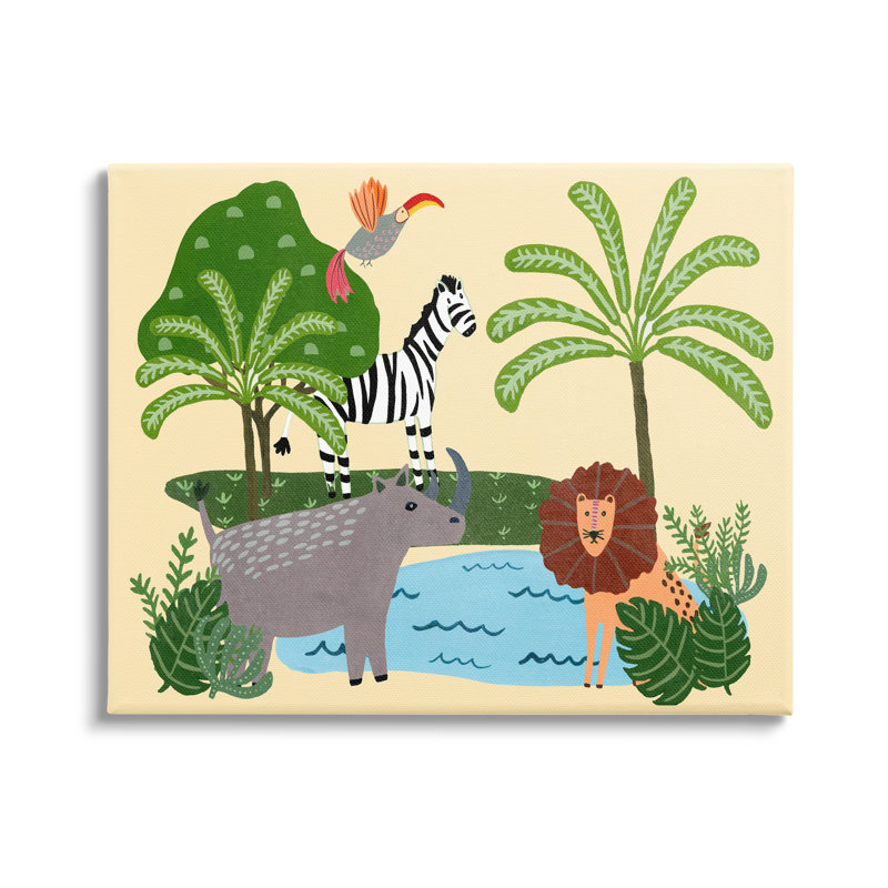 «Whimiscal Wild Animals Botanical Wildlife Collage» par Regina Moore - impression, H 24 po x l 30 po x P 1,5 po, Toile tendue
