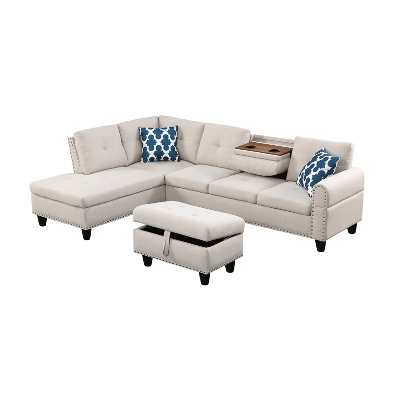 Beige 3 - Piece L Shaped Sectional With Storage And Toss Pillows, Ideal For Leisure Time, Pull Down Middle Seat, Two Cup Holders, Rounded Arms, Neutral Faux Leather, Foam Spring Enhanced Cushions