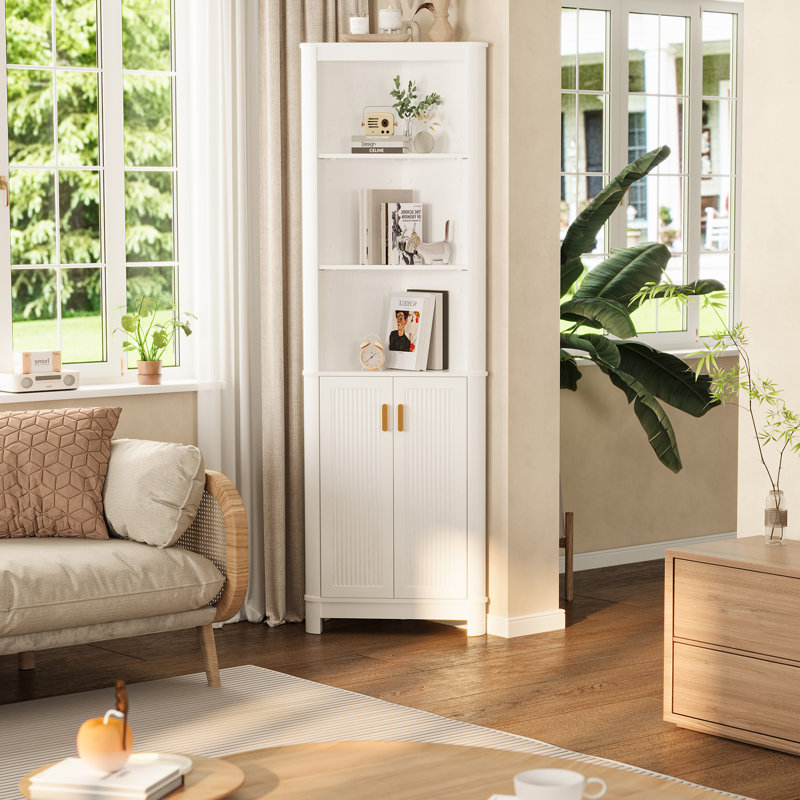 68" Tall Fluted Corner Cabinet For Bathroom, Modern Living Room & Kitchen - Adjustable Shelves, Space-saving Natural Oak Storage, Curved Profile Design