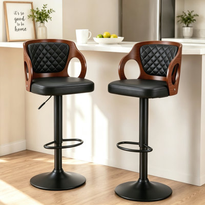 Ensemble de 2 tabourets de comptoir pivotants à hauteur réglable Ferriera, chaises de bar rembourrées en similicuir avec base en métal, repose-pieds, îlot de cuisine Mid-Century pour îlot de cuisine, bar personnel, pub, café ou bureau, noir
