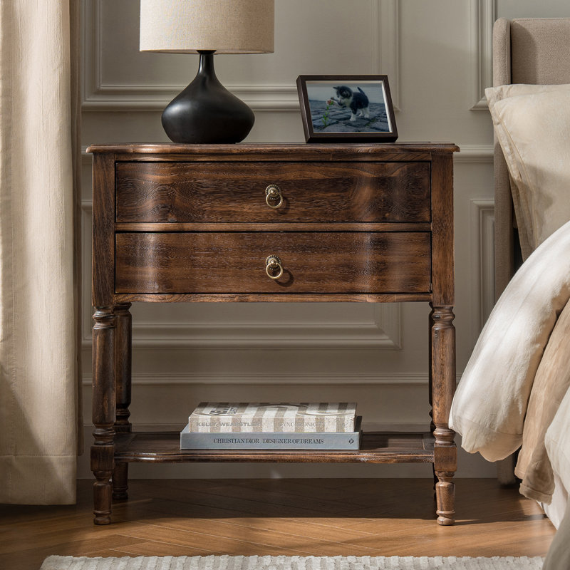  Sessoms Transitional 30"W Solid Wood 2-Drawer End Table with Built-in Charging Station, Walnut