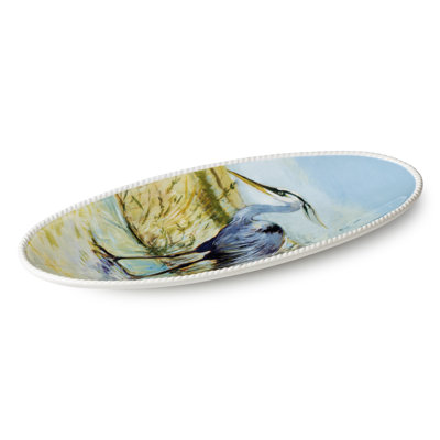 Plateau de service Coastal Birds 19,5 x 8,5, plateau de service ovale en porcelaine conçu par l'artiste Wetland Birds, scène de marais Blue Sky, plateau de fruits de mer côtier lavable au lave-vaisselle