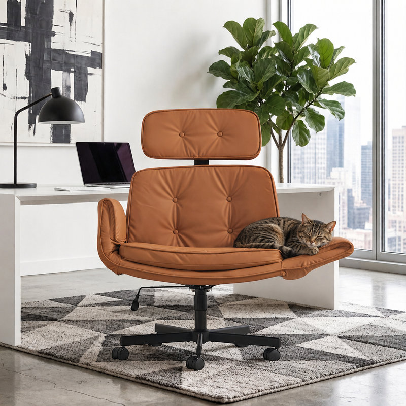 Chaise de bureau pivotante à pieds croisés avec accoudoirs réglables, Brown