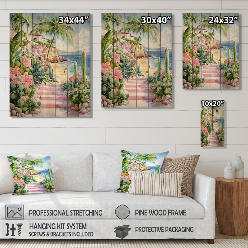 Scène de plage mexicaine à Tulum II - Mexique, paysage, art mural sur bois de pin naturel, H 32 po x l 24 po
