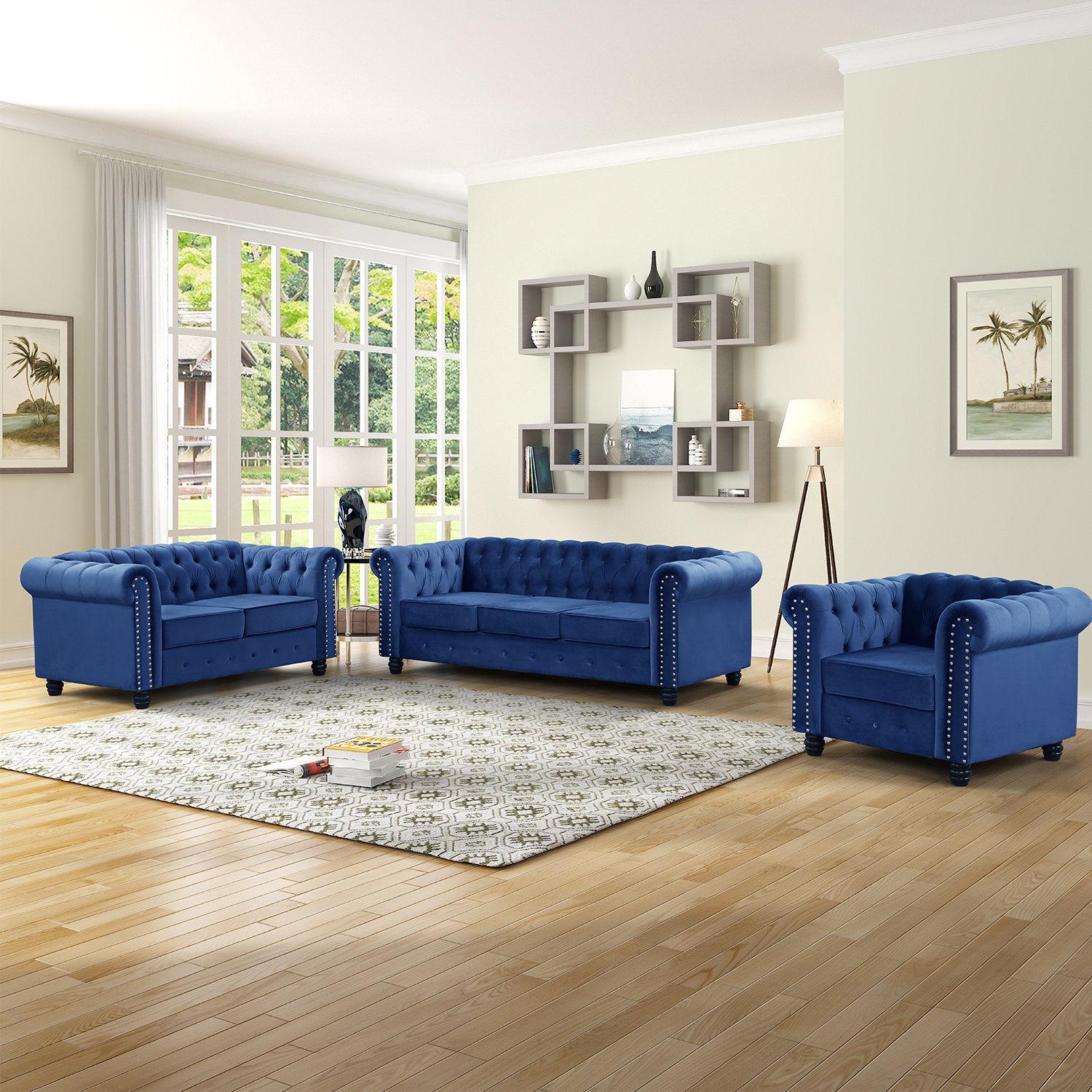Navy blue velvet living room set discount