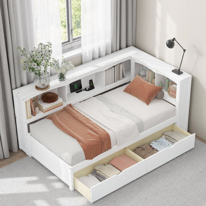 Lit de jour simple avec tiroirs de rangement, armoires intégrées, station de recharge USB et prises de courant, blanc, Blanc