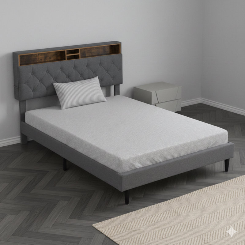 Base de lit tapissier grand format avec tête de lit contemporaine en lin capitonné. Comprend des ports USB pour une station de charge pratique, deux poches latérales et ne nécessite pas de sommier, en gris foncé.