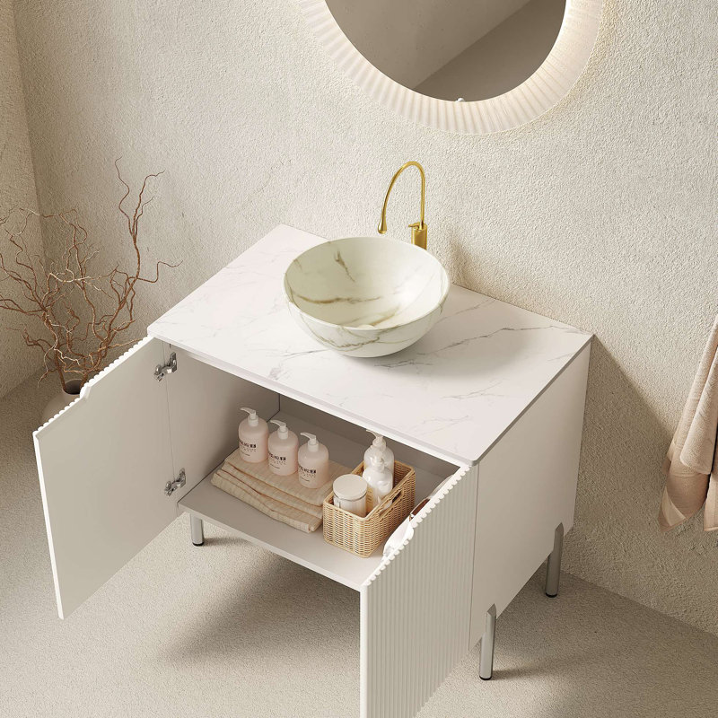 Meuble-lavabo de salle de bain 30 po avec lavabo, meuble-lavabo autoportant avec cuve en céramique à 2 portes avec motif en pierre et plateau en marbre artificiel, sans robinet
