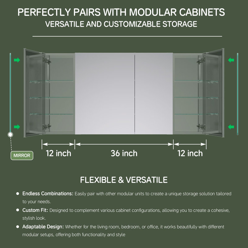 Armoire à pharmacie sans cadre avec 3 portes miroir encastrées ou à fixation en surface pour salle de bain, 48" 