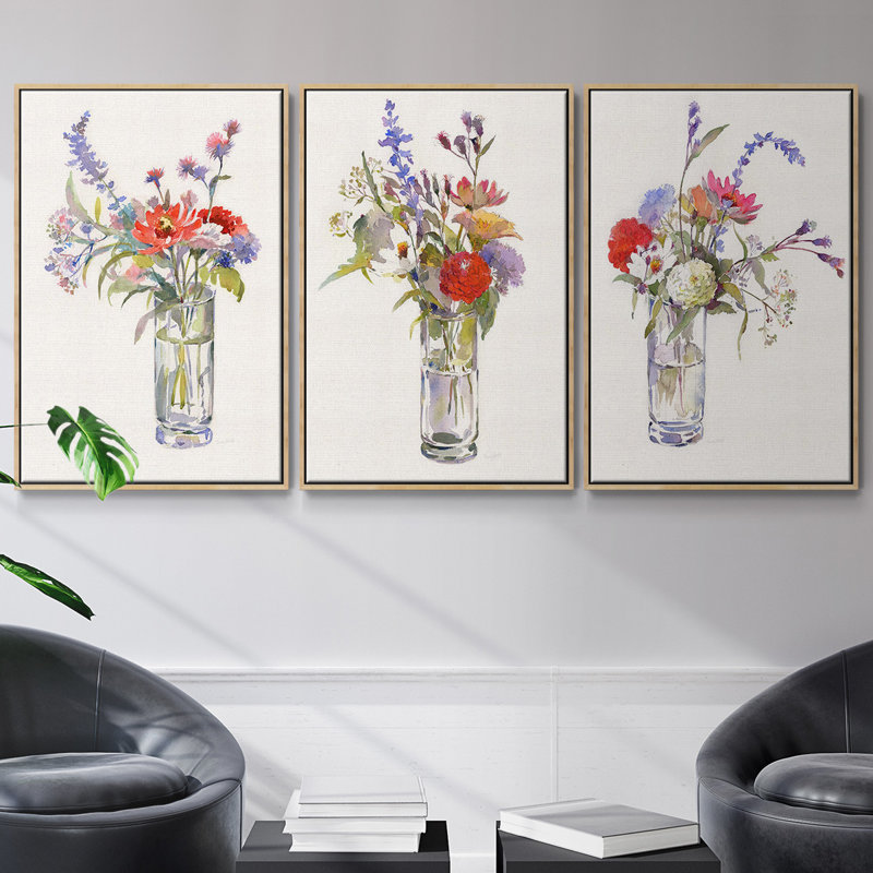 Garden Party I, ensemble de 3 toiles encadrées, Cadre en bois naturel, H 36 po x l 72 po