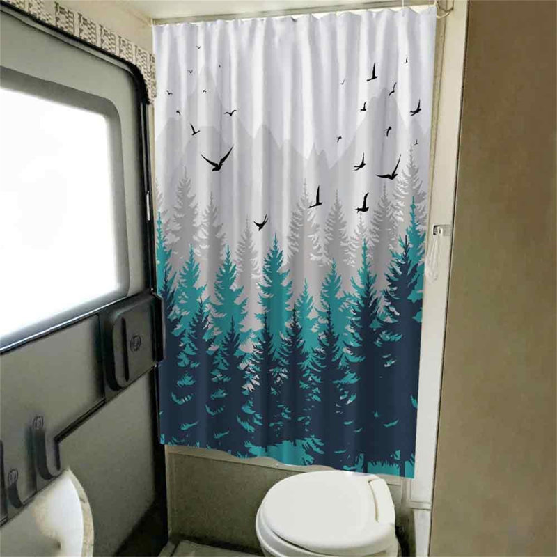 Mountain RV Shower and Bath Curtain with Camper Design - Waterproof Forest Pattern, Fabric Decor Set with Hooks - Grey Black, 47x64 Inches