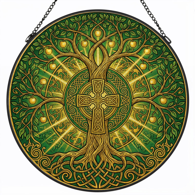 7.8"H Celtic Tree Stained Glass Window Panel, 7.8" H x 7.8" W