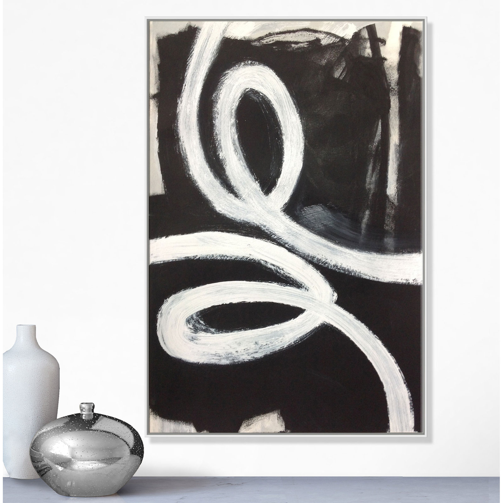 Hendrix "White Swirly Swirls 1" Print, White Framed, 61" H x 41" W x 2" D