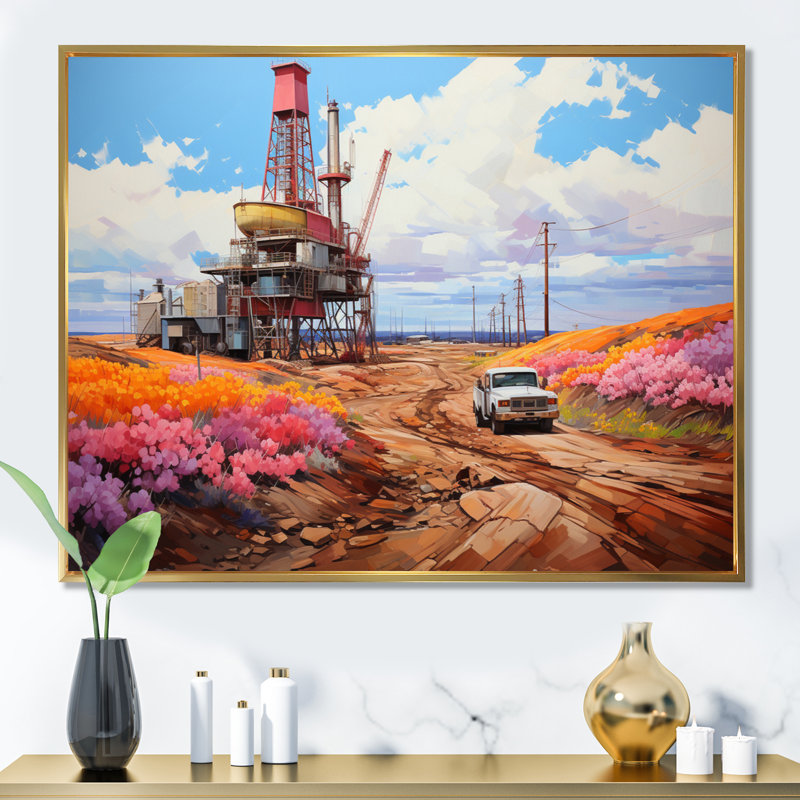«Pink Oil Rigs», impression sur toile, Cadre flottant doré, H 12 po x l 20 po x P 1 po