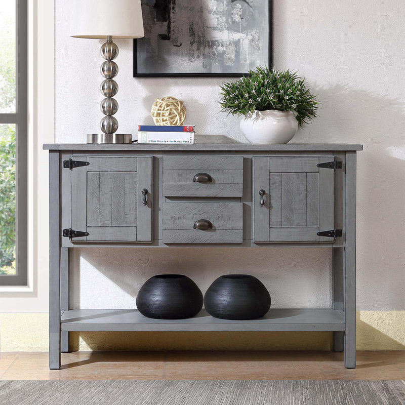 Routenberg Wood Storage Console Table with  2 Drawers and Cabinets and Bottom Shelf, Antique Gray