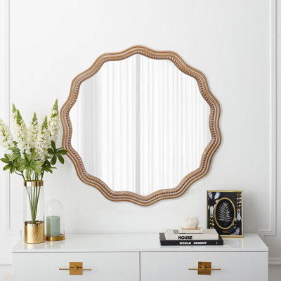 23,62 pouces miroir rond en bois ondulé miroir mural rond miroir festonné-grand décor encadré en bois suspendu cercle cercle moderne décor de ferme pour la salle de bain, salon, chambre de bébé décor
