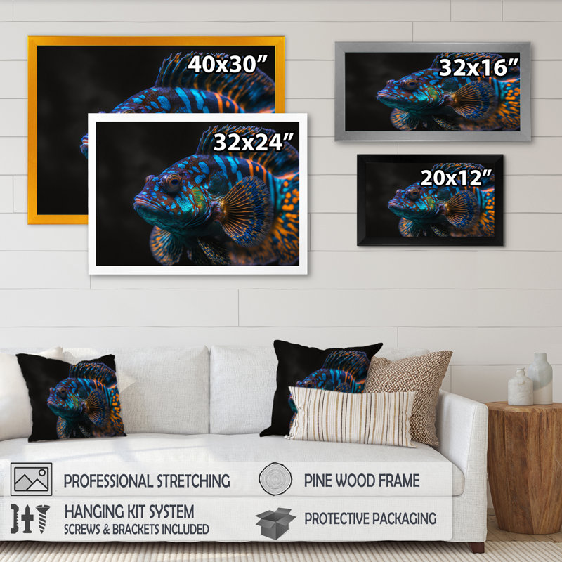 Halona, magnifique poisson mandarine dans des tons de bleu VII - impression, H 24 po x l 32 po x P 1 po, Cadre photo noir