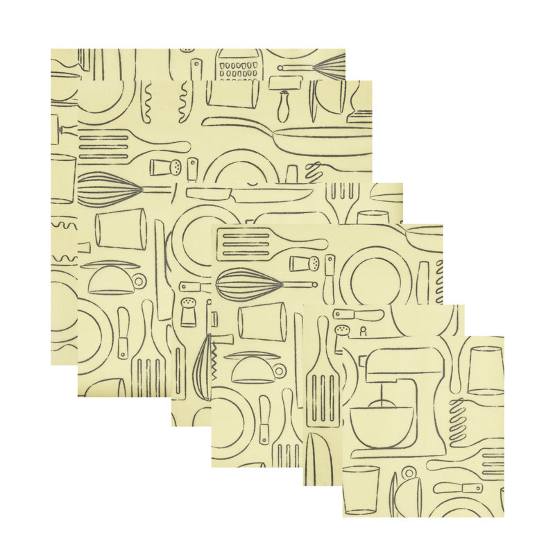 Ensemble de 6 emballages de rangement pour aliments réutilisables en cire d'abeille Mod Kitchen Print