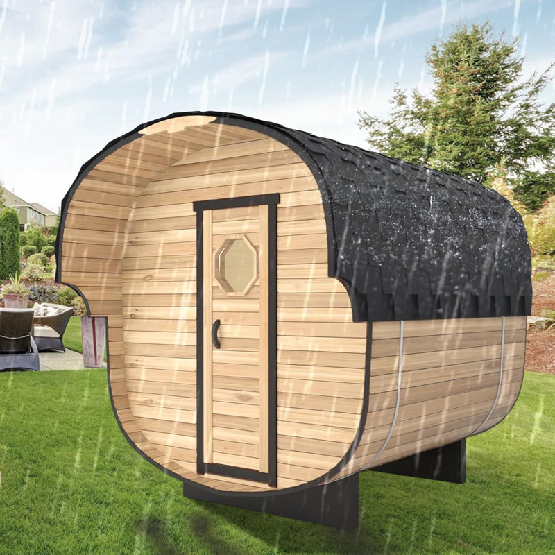 Hylivesaunas Outdoor 4 Person Wood Steam Sauna, Home Hemlock Wooden Barrel Traditional Saunas Spa Room with Extensive Eave, 4.5 KW ETL Certified Electric Heating Stove with Stone, Water Bucket, Spoon, Light, 195℉