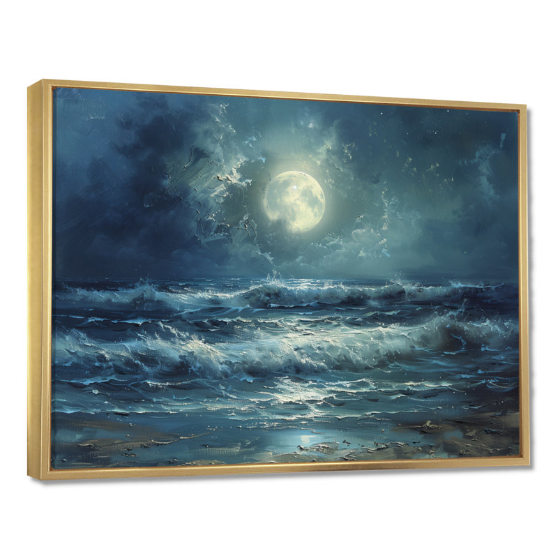 Décoration murale blanc bleu et réaliste au clair de lune hivernal - Vagues côtières, H 12 po x l 20 po, Cadre flottant doré