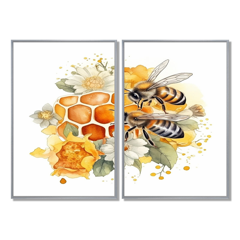 Floral Bee IV - 2 panneaux décoratifs animaux, 36" H x 48" W, Impression encadrée flottante, Silver