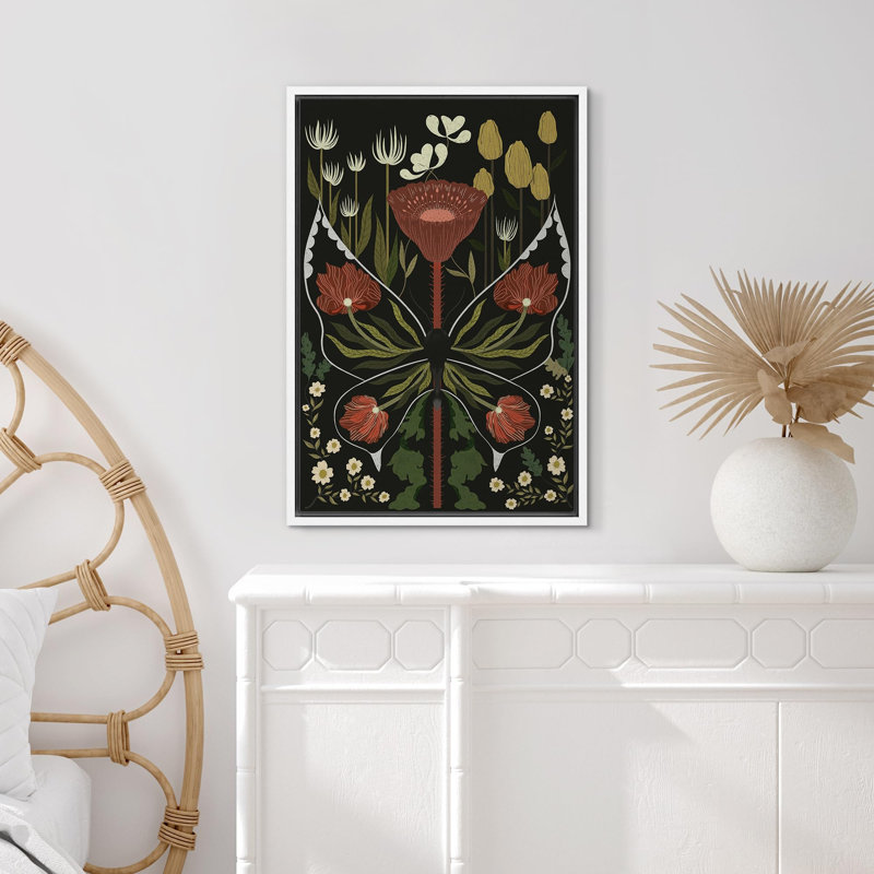Abstrait botanique rétro, illustrations florales de papillons botaniques sur, H 24 po x l 16 po, Cadre flottant blanc