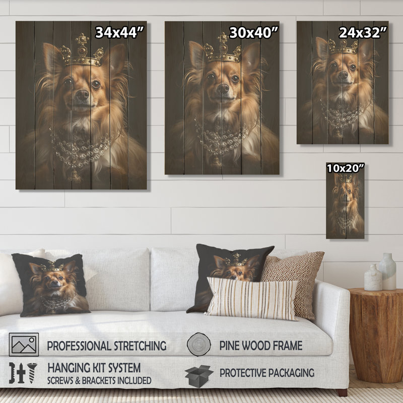 Chien de Poméranie royal couronné - Chien sur bois, H 32 po x l 24 po