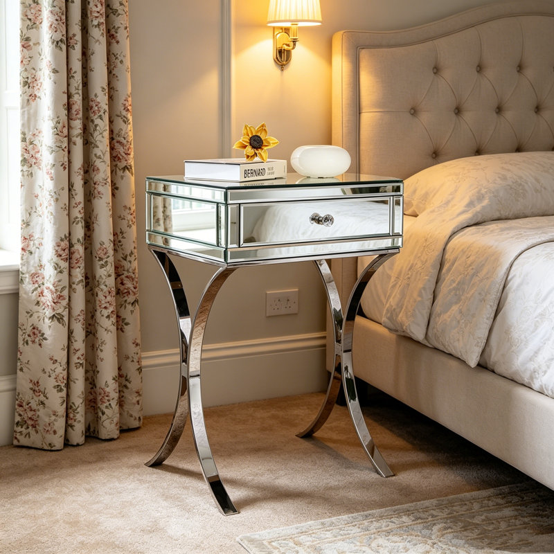 Mirrored Nightstand 1-Drawer Cross-Legs End Table